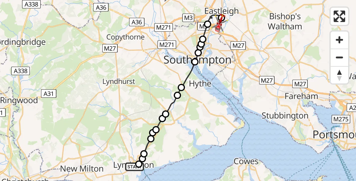 Flight route Air Ambulance Helicopter Lymington - Southampton Airport, 07 May 2026, 09:38