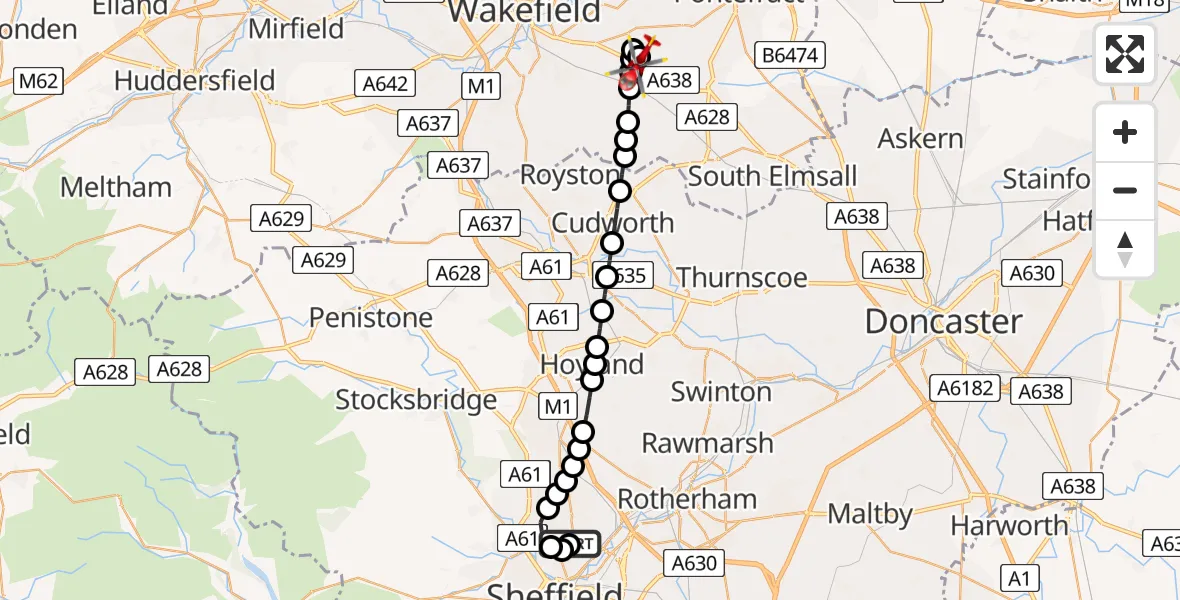 Flight route Air Ambulance Helicopter Sheffield Northern Hospital - YAA Nostell Helicopter Port, 07 May 2026, 09:38