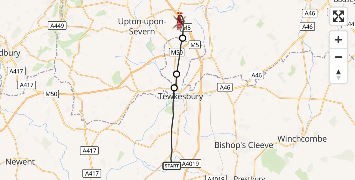 Flight route Air Ambulance Helicopter Tewkesbury - Upper Strensham, 07 May 2026, 09:41