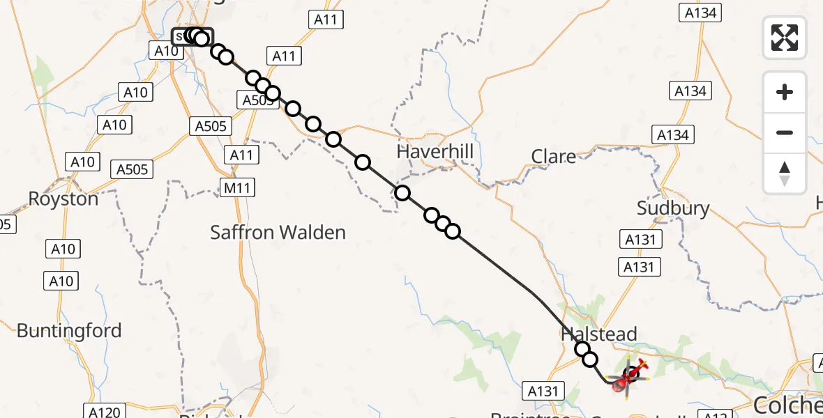 Flight route Air Ambulance Helicopter Papworth Hospital - Earls Colne Airfield, 07 May 2026, 09:43