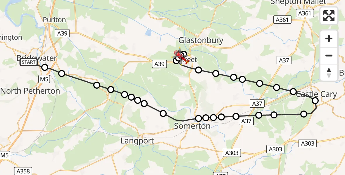 Flight route Air Ambulance Helicopter Bridgwater - Walton, 07 May 2026, 09:48