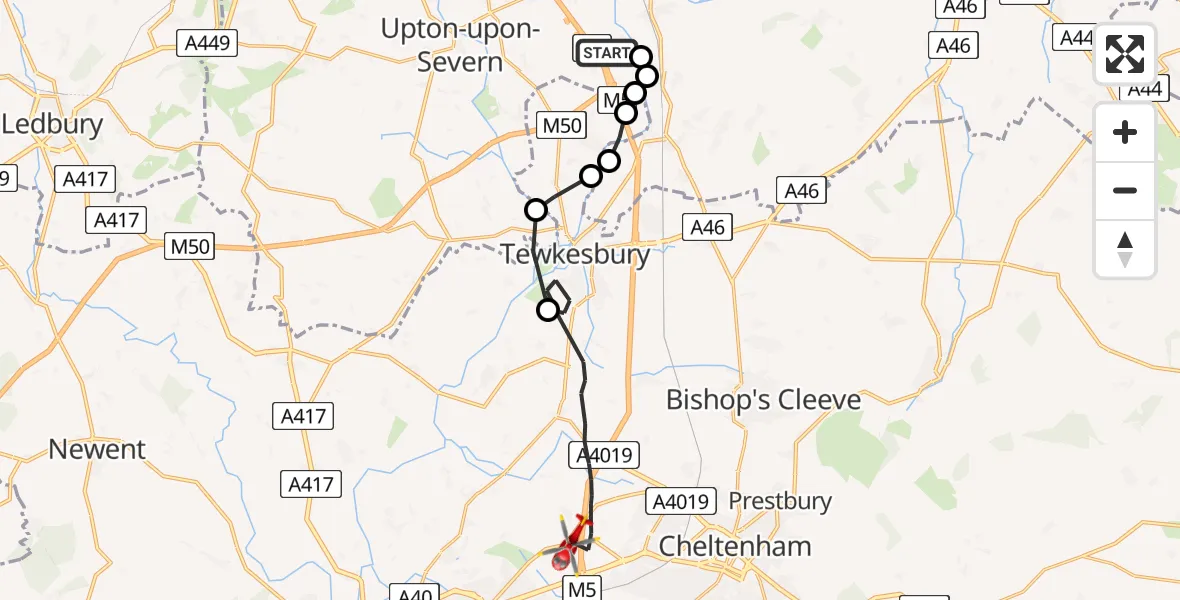 Flight route Air Ambulance Helicopter Upper Strensham - Tewkesbury, 07 May 2026, 09:53