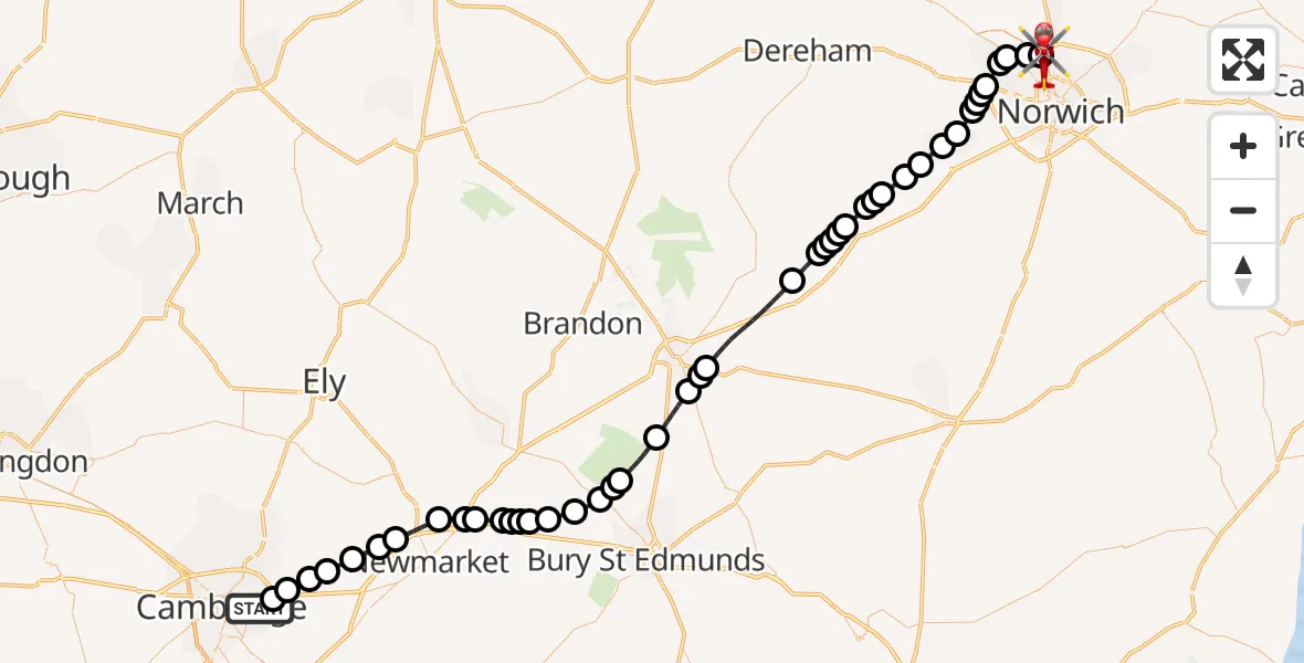 Flight route Air Ambulance Helicopter Cambridge City Airport - Norwich Airport, 07 May 2026, 10:04