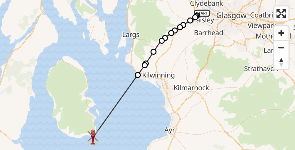 Flight route Air Ambulance Helicopter Glasgow Airport - Inner Seas, 07 May 2026, 10:06