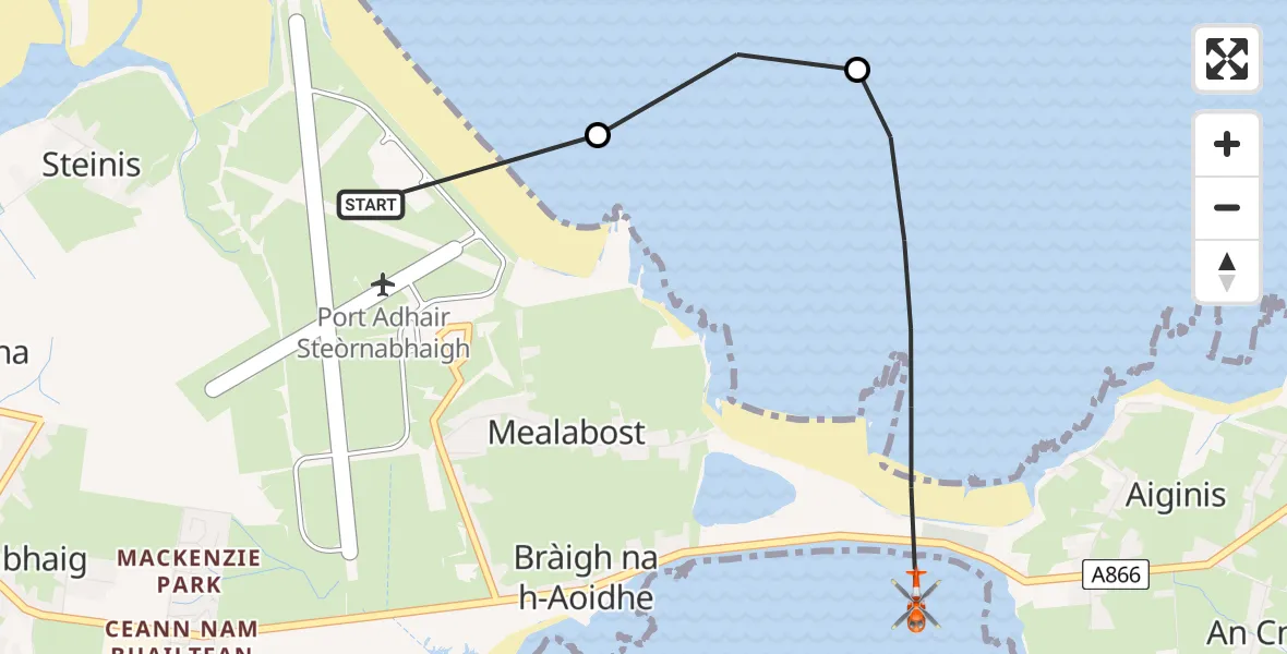 Flight route Coastguard Helicopter Stornoway Airport - Inner Seas, 07 May 2026, 10:07