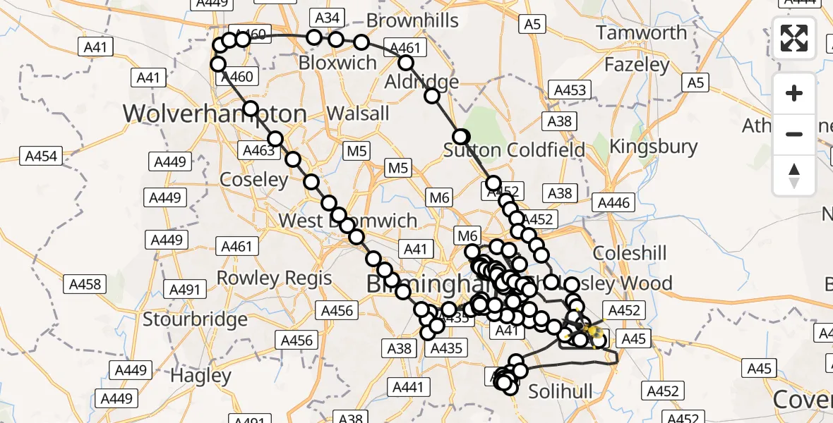 Flight route Police Helicopter Birmingham Airport - Birmingham Airport, 07 May 2026, 10:11