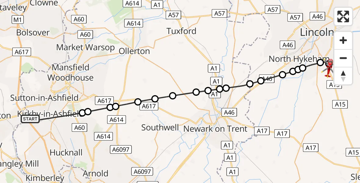 Flight route Air Ambulance Helicopter Kirkby-in-Ashfield - North Kesteven, 07 May 2026, 10:12