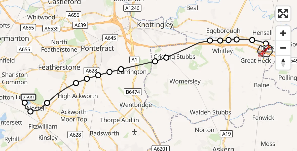 Flight route Air Ambulance Helicopter YAA Nostell Helicopter Port - Great Heck, 07 May 2026, 10:17
