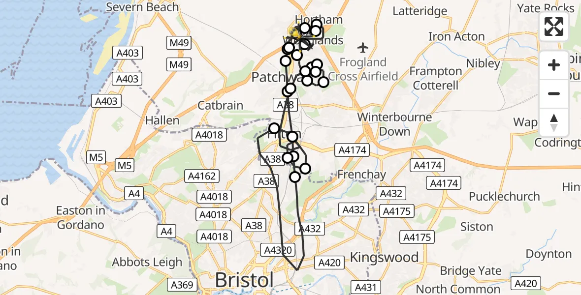 Flight route Police Helicopter Almondsbury Helicopter Base - Almondsbury Helicopter Base, 07 May 2026, 10:17
