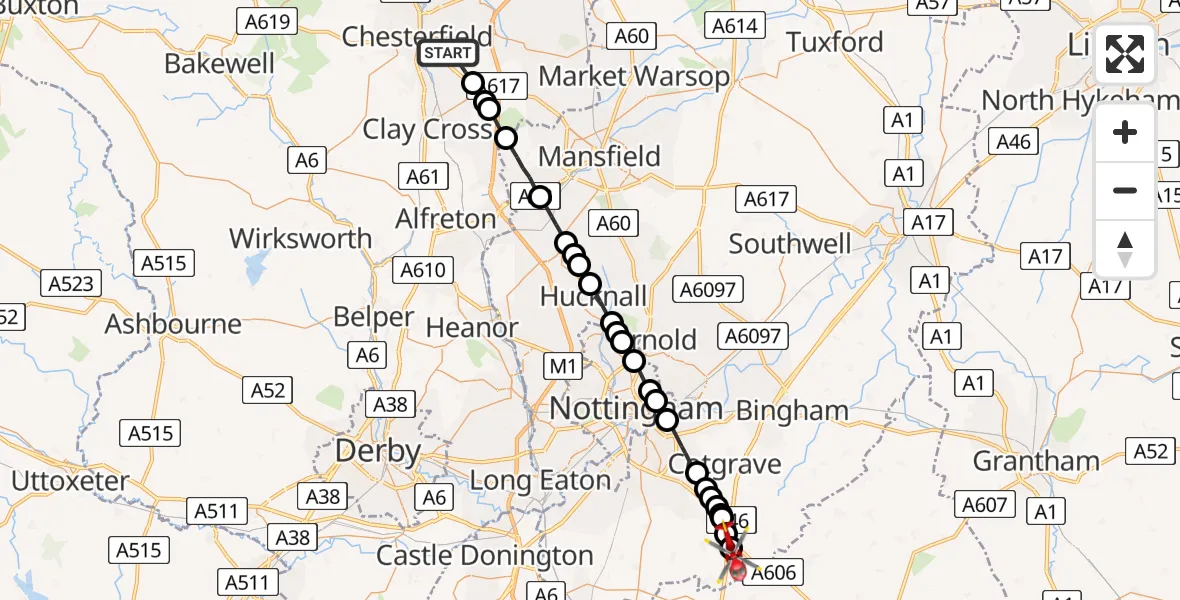 Flight route Air Ambulance Helicopter Calow - Rushcliffe, 07 May 2026, 10:24