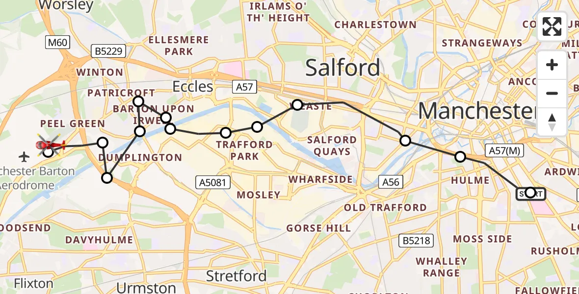 Flight route Air Ambulance Helicopter City Centre - Eccles, 07 May 2026, 10:27