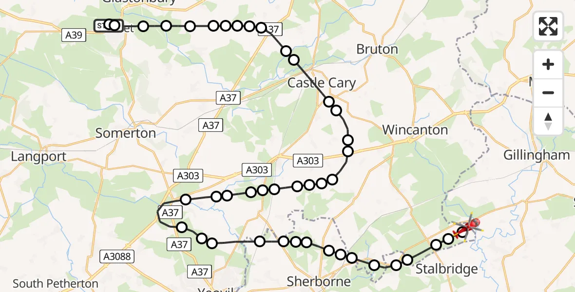 Flight route Air Ambulance Helicopter Street - Henstridge Airfield, 07 May 2026, 10:30