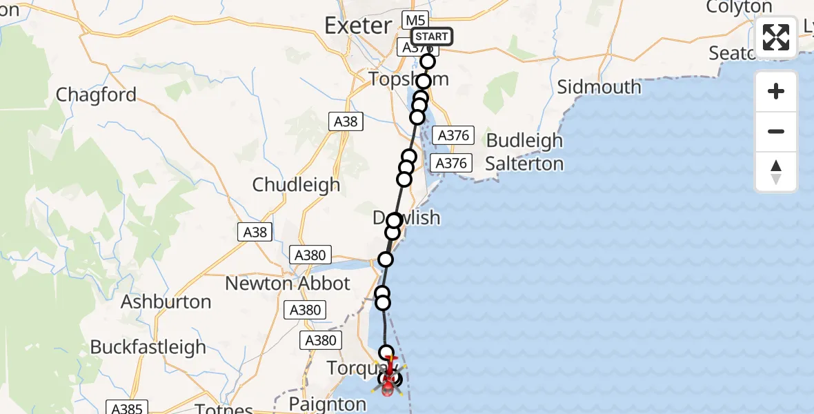 Flight route Air Ambulance Helicopter Clyst St Mary - Torquay, 07 May 2026, 10:33