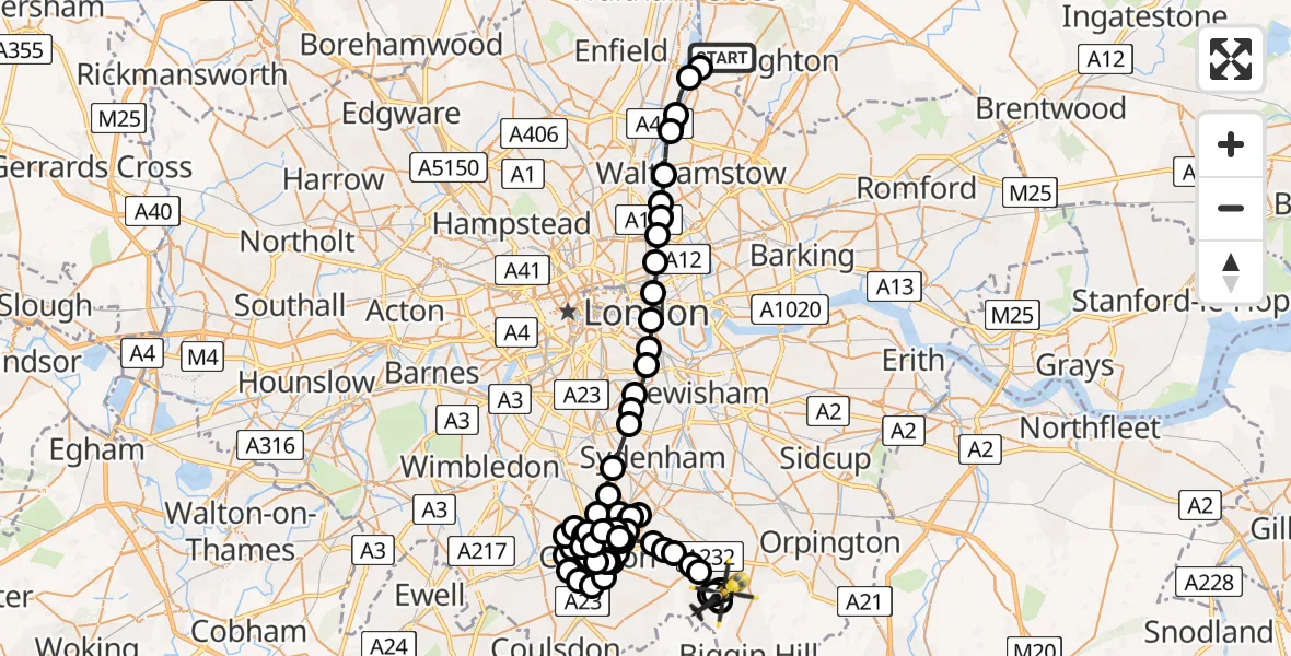 Flight route Police Helicopter Sewardstonebury - Nash, 07 May 2026, 10:33