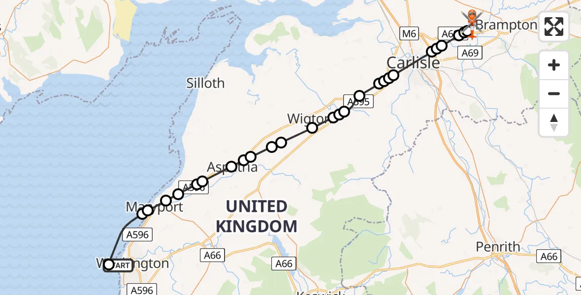 Flight route Coastguard Helicopter Workington - Carlisle Lake District Airport, 07 May 2026, 10:44