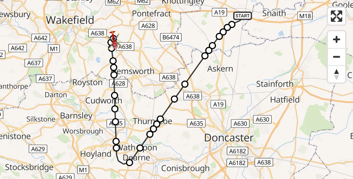 Flight route Air Ambulance Helicopter Great Heck - YAA Nostell Helicopter Port, 07 May 2026, 10:59