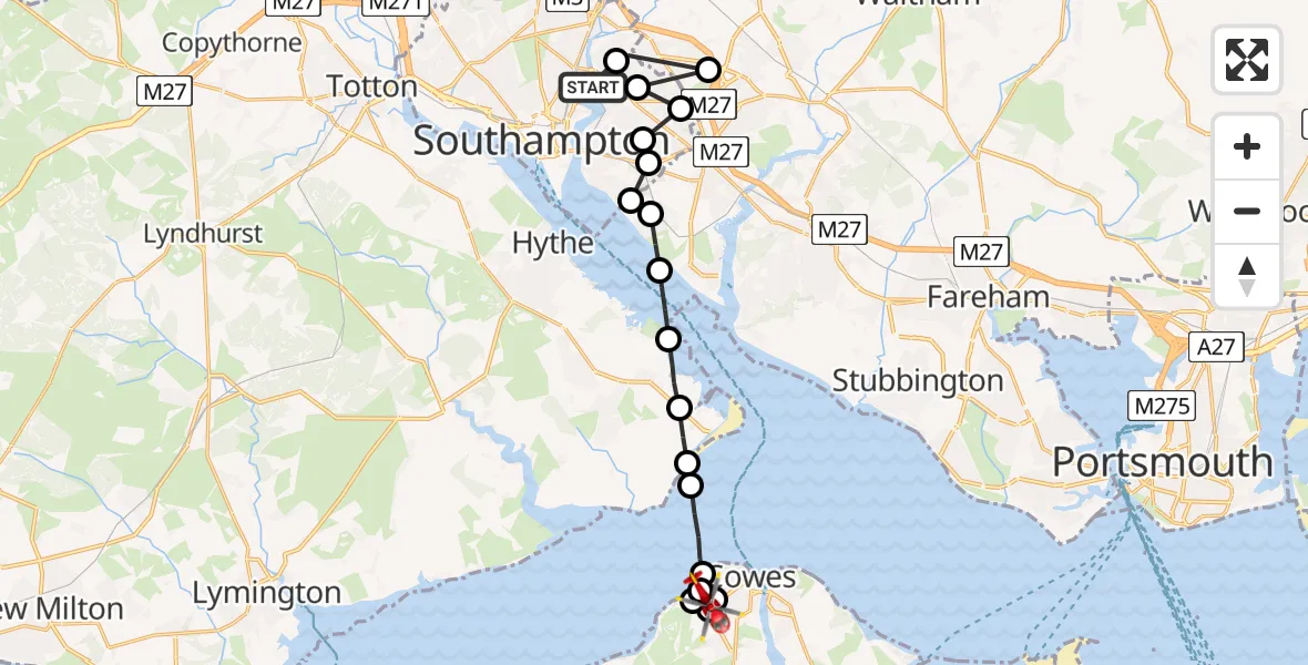 Flight route Air Ambulance Helicopter Bitterne Manor - Cowes, 07 May 2026, 11:05