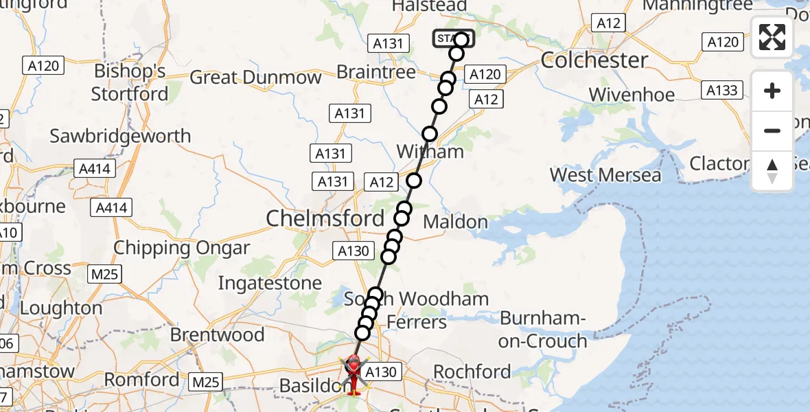 Flight route Air Ambulance Helicopter Earls Colne Airfield - Basildon, 07 May 2026, 11:09