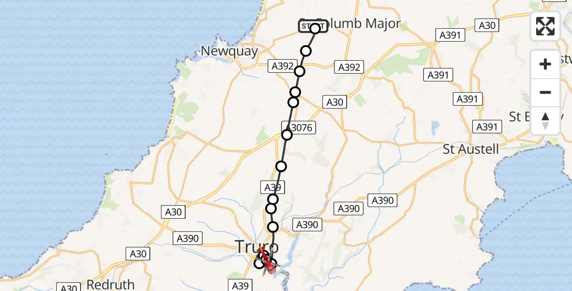 Flight route Air Ambulance Helicopter Cornwall Airport Newquay - Truro, 07 May 2026, 11:29