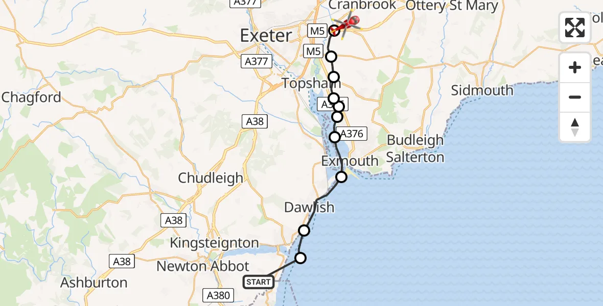 Flight route Air Ambulance Helicopter Stokeinteignhead - Exeter International Airport, 07 May 2026, 11:39