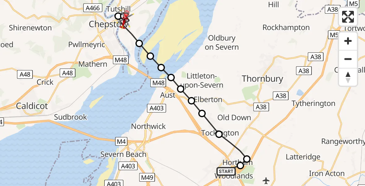 Flight route Air Ambulance Helicopter Almondsbury Helicopter Base - Sedbury, 07 May 2026, 11:41