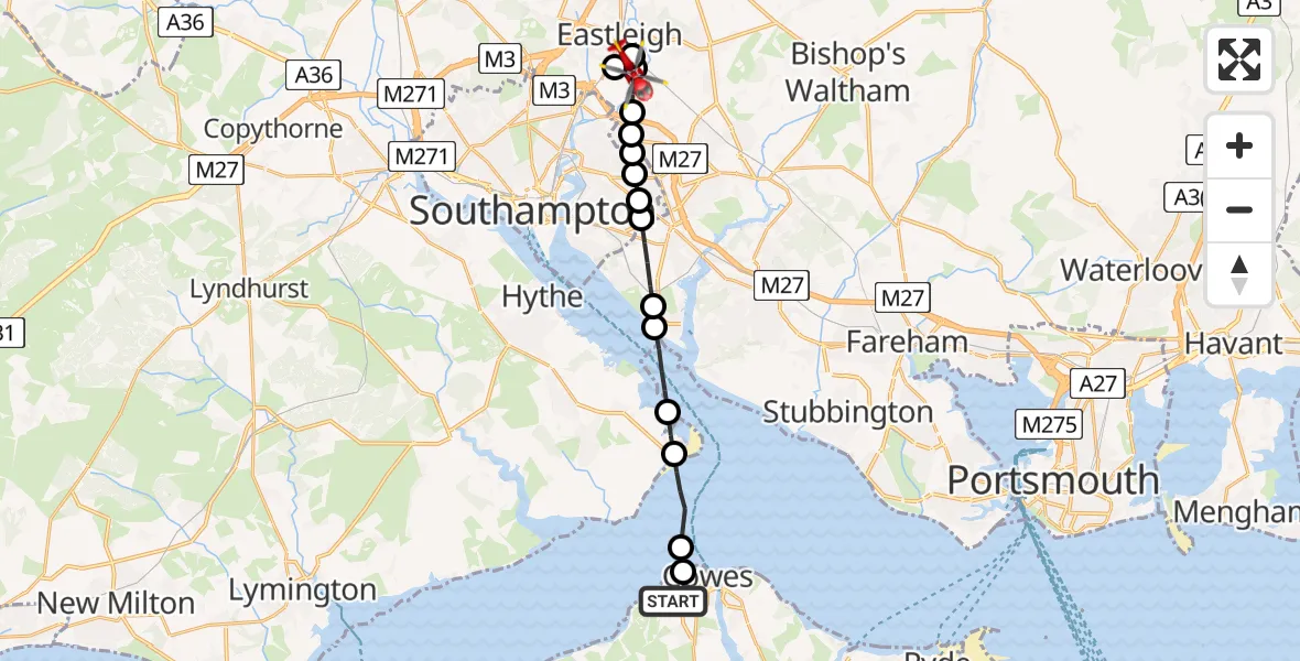 Flight route Air Ambulance Helicopter Cowes - Southampton Airport, 07 May 2026, 11:43