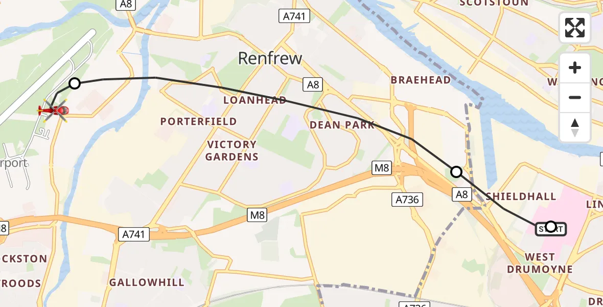 Flight route Air Ambulance Helicopter Queen Elizabeth Hospital - Glasgow Airport, 07 May 2026, 11:56