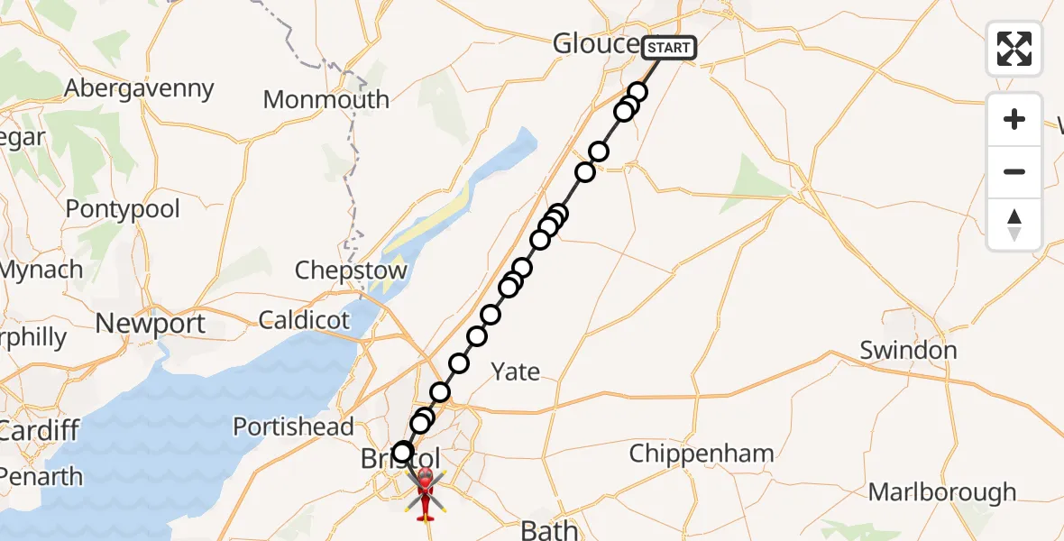 Flight route Air Ambulance Helicopter Tewkesbury - Bristol, 07 May 2026, 12:08