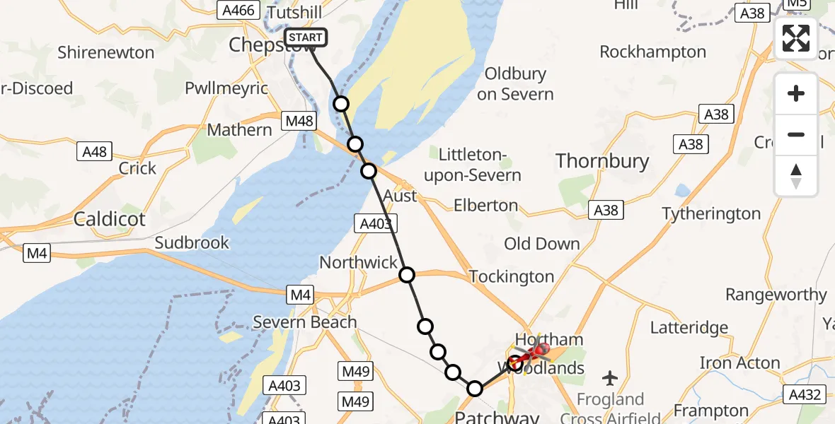 Flight route Air Ambulance Helicopter Sedbury - Almondsbury Helicopter Base, 07 May 2026, 12:13