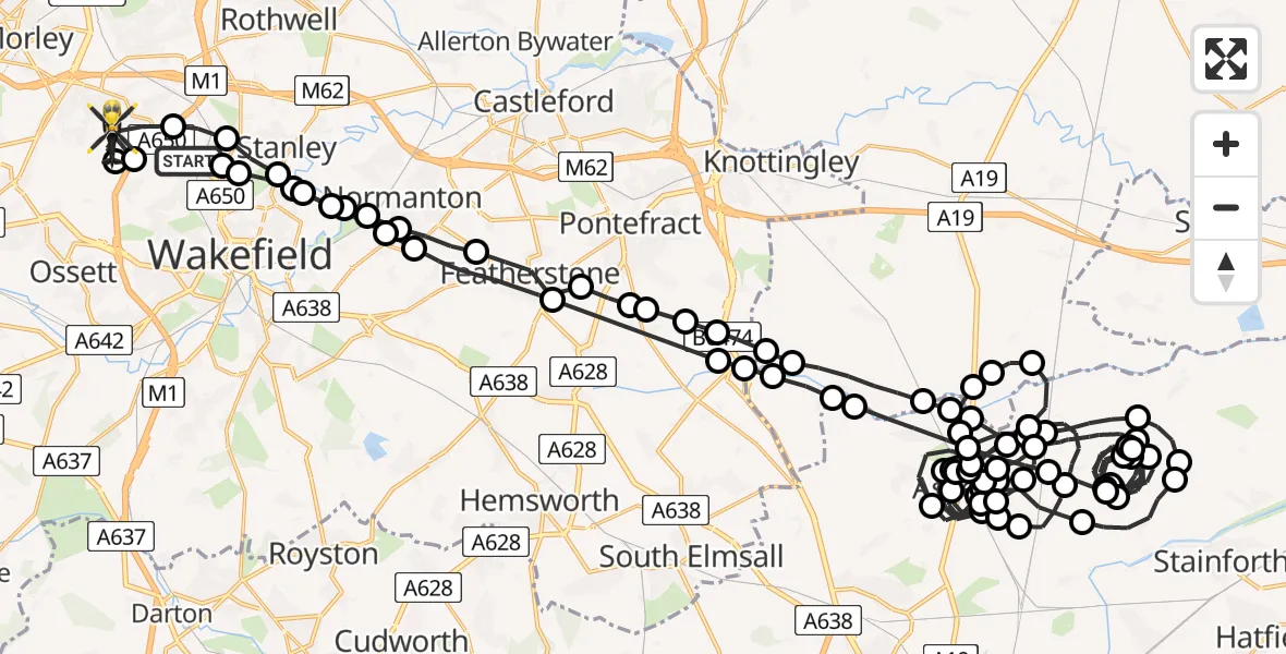 Flight route Police Helicopter Wrenthorpe - East Ardsley, 07 May 2026, 12:21