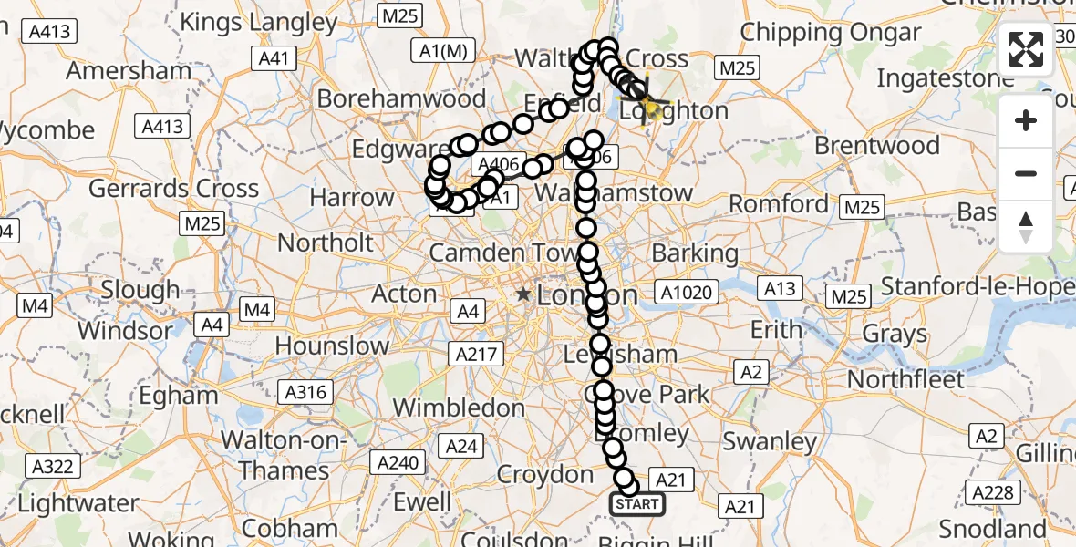 Flight route Police Helicopter Nash - Sewardstonebury, 07 May 2026, 12:25