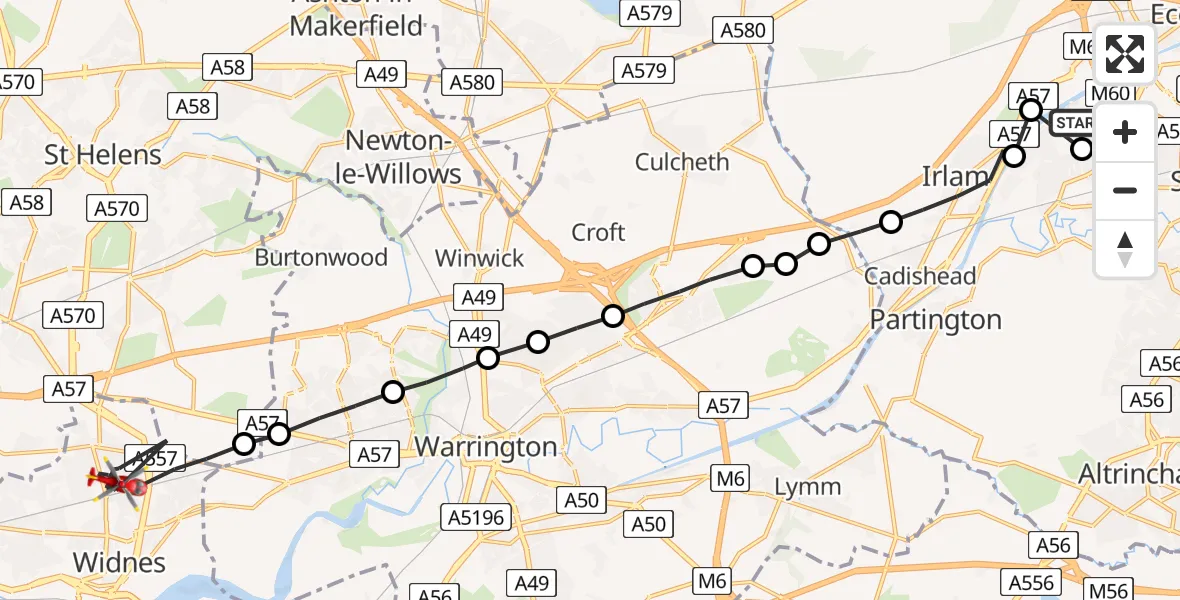 Flight route Air Ambulance Helicopter Urmston - Widnes, 07 May 2026, 12:27