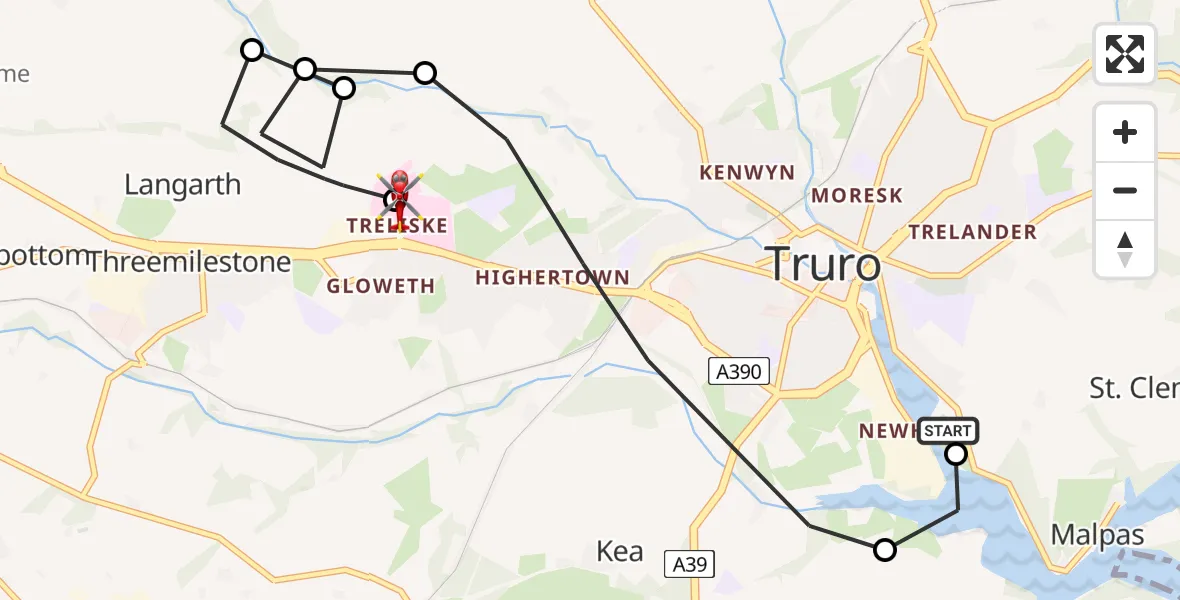 Flight route Air Ambulance Helicopter Truro - Treliske Hospital, 07 May 2026, 12:30