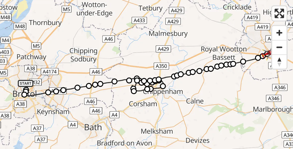 Flight route Air Ambulance Helicopter Bristol - Hodson, 07 May 2026, 12:34