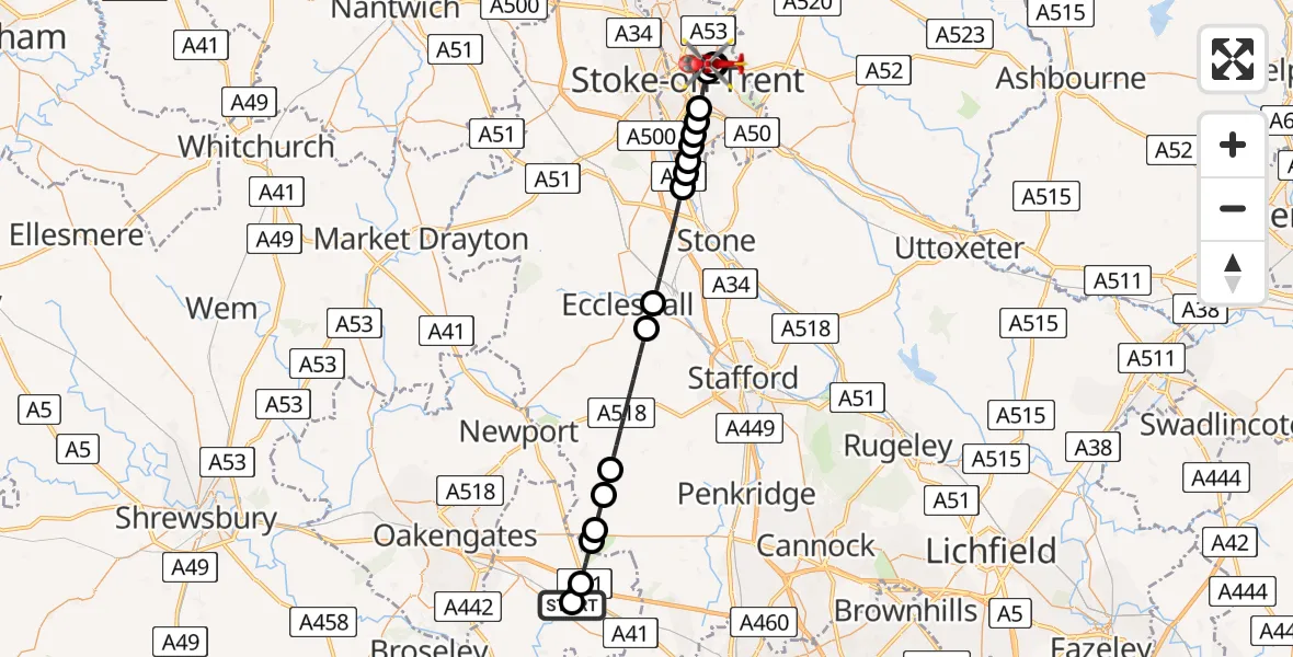 Flight route Air Ambulance Helicopter RAF Cosford - Hanley, 07 May 2026, 12:52