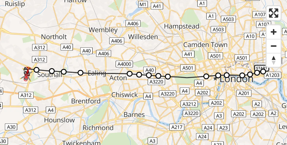 Flight route Air Ambulance Helicopter Royal London Hospital - Hayes, 07 May 2026, 13:00