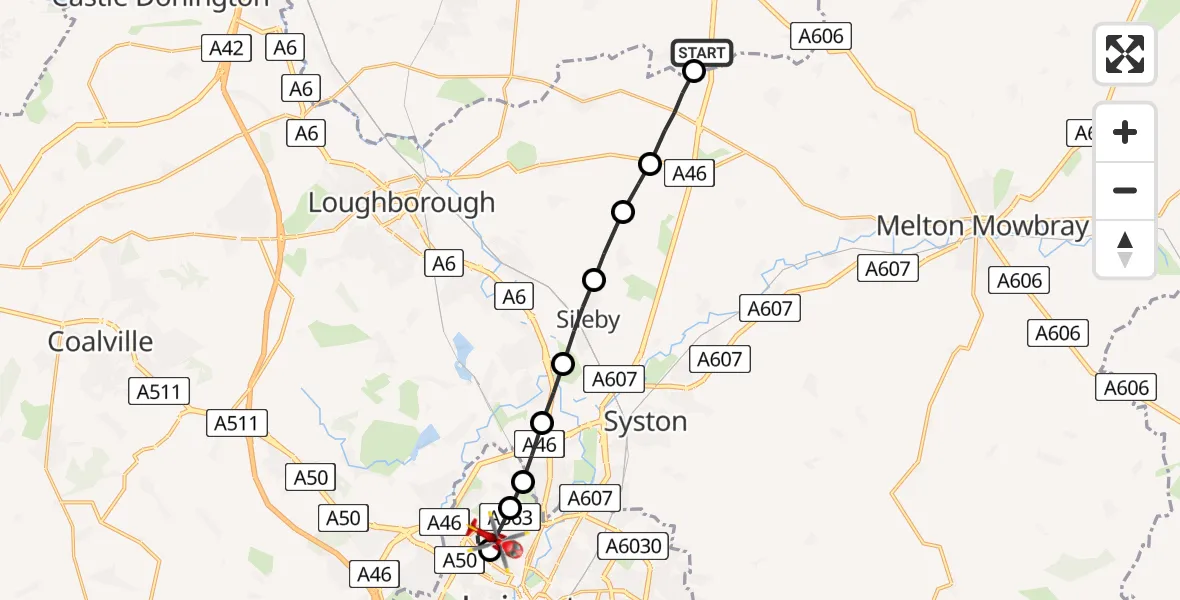 Flight route Air Ambulance Helicopter Willoughby on the Wolds - Beaumont Leys, 07 May 2026, 13:04