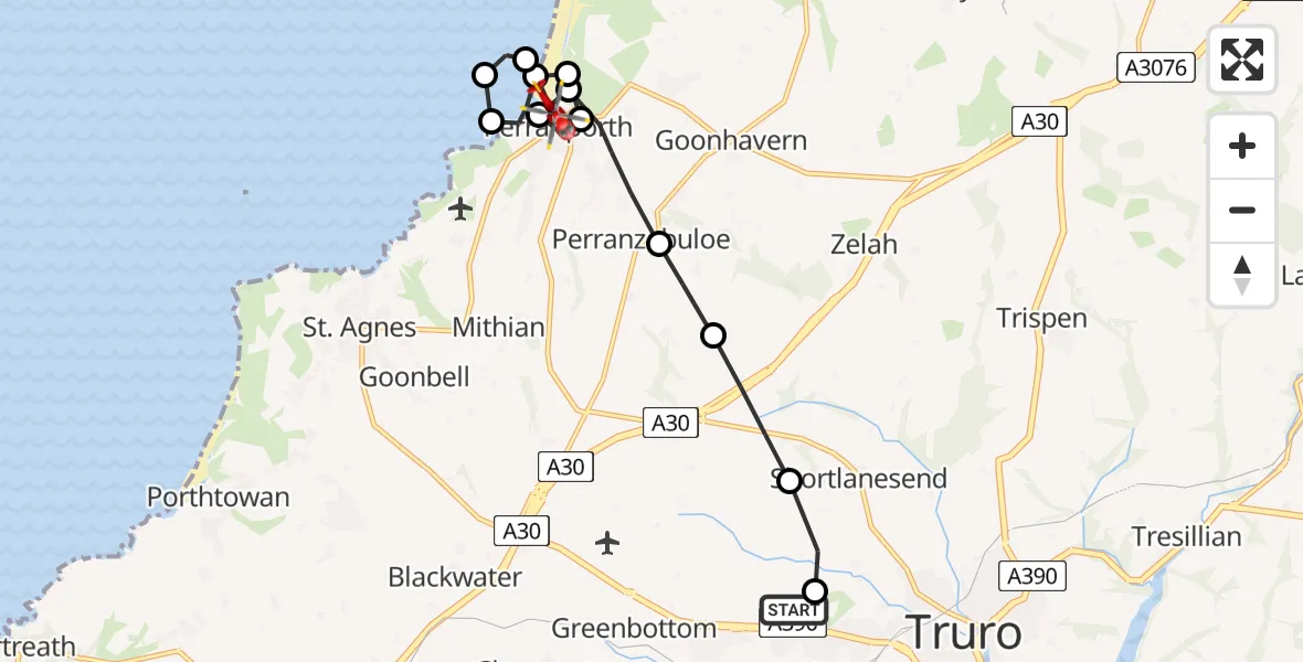 Flight route Air Ambulance Helicopter Treliske Hospital - Perranporth, 07 May 2026, 13:04