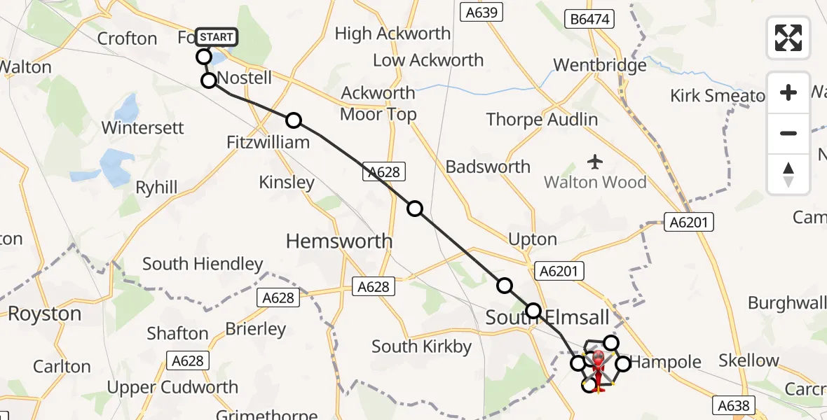Flight route Air Ambulance Helicopter YAA Nostell Helicopter Port - Hooton Pagnell, 07 May 2026, 13:16