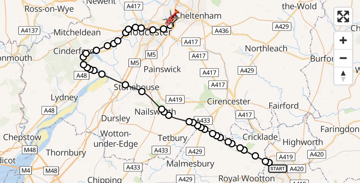 Flight route Air Ambulance Helicopter Swindon - Gloucestershire Airport, 07 May 2026, 13:17