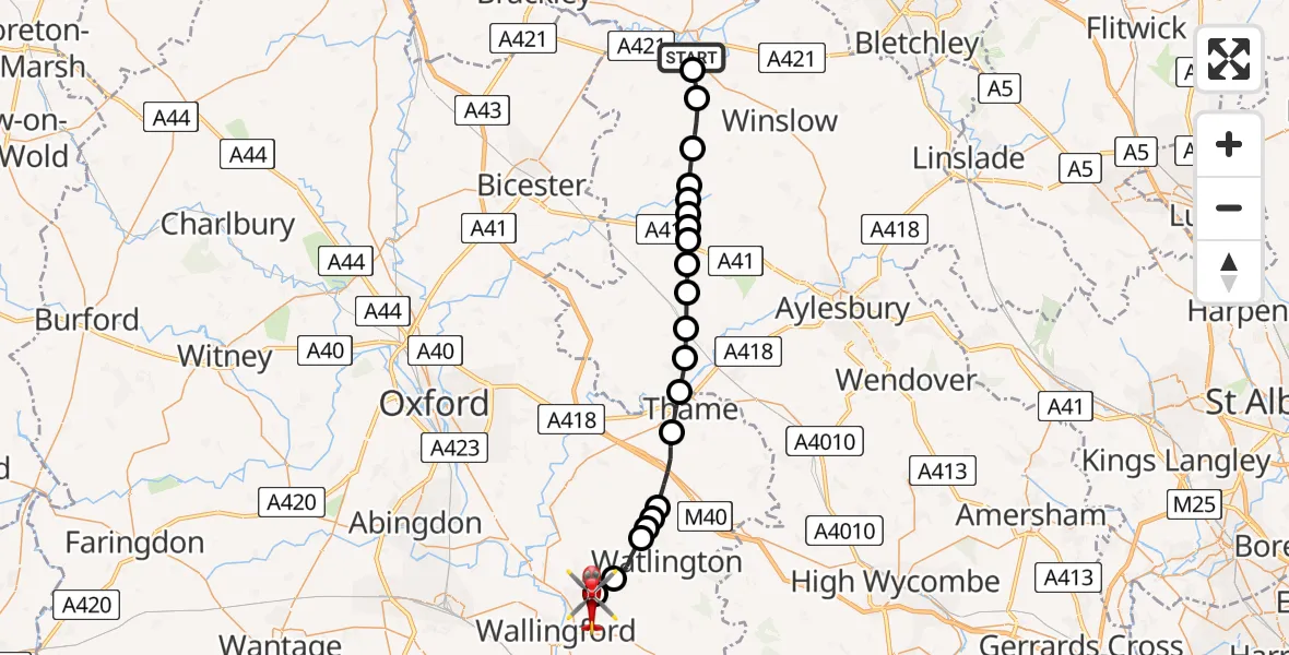 Flight route Air Ambulance Helicopter Buckingham - RAF Benson, 07 May 2026, 13:17