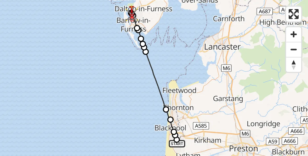 Flight route Air Ambulance Helicopter Blackpool Airport - Ormsgill, 07 May 2026, 13:20