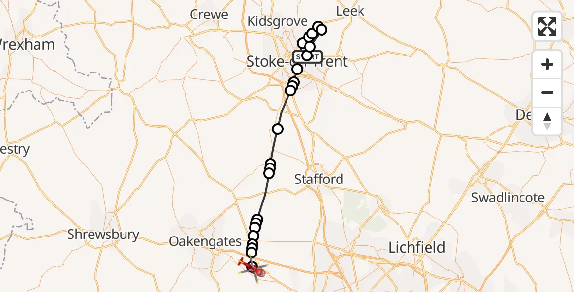 Flight route Air Ambulance Helicopter Hanley - Cosford, 07 May 2026, 13:32