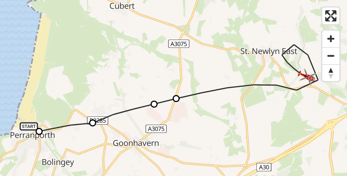 Flight route Air Ambulance Helicopter Perranporth - St. Newlyn East, 07 May 2026, 13:32