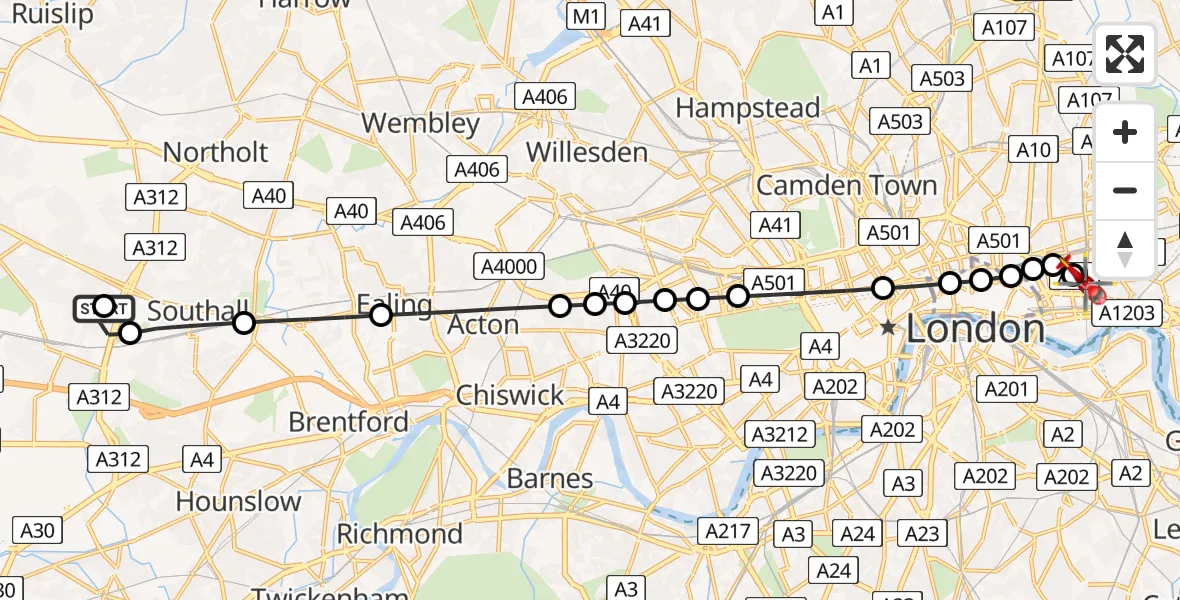 Flight route Air Ambulance Helicopter Hayes - Royal London Hospital, 07 May 2026, 13:34