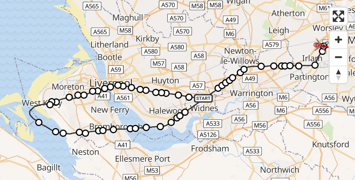 Flight route Air Ambulance Helicopter Widnes - Manchester Barton Aerodrome, 07 May 2026, 13:37