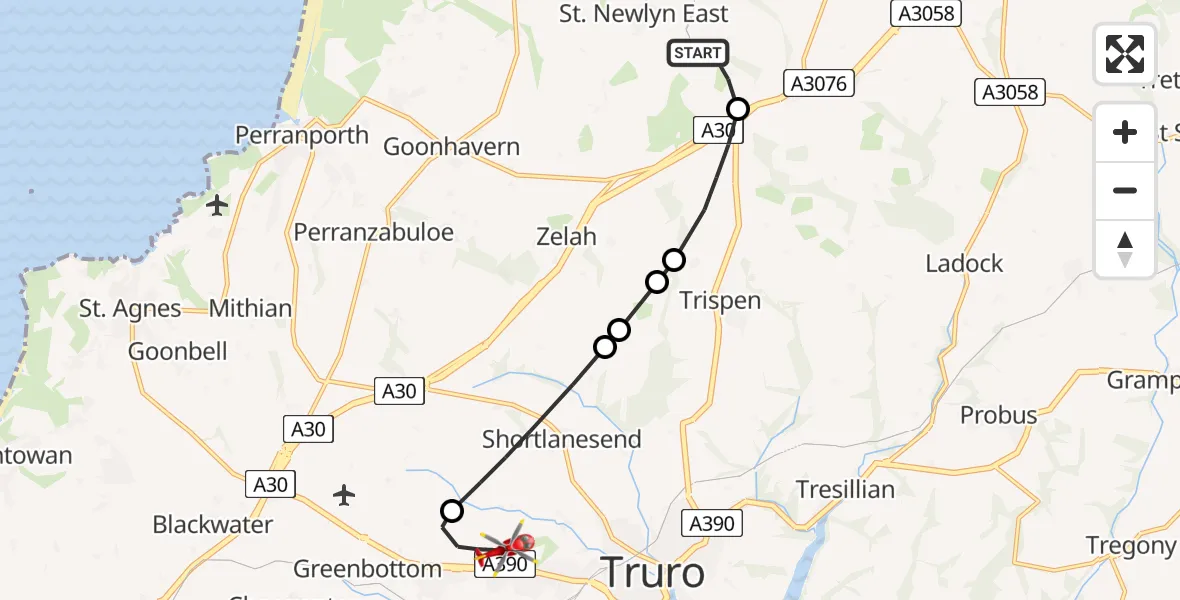 Flight route Air Ambulance Helicopter St. Newlyn East - Treliske Hospital, 07 May 2026, 13:39