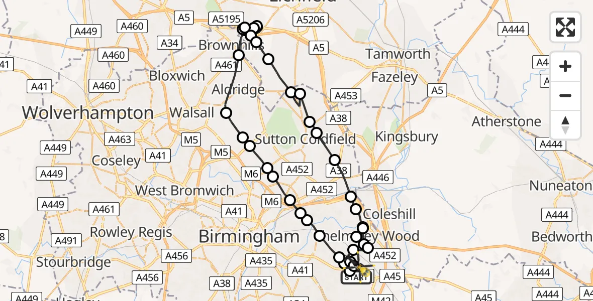 Flight route Police Helicopter Birmingham Airport - Birmingham Airport, 07 May 2026, 13:48