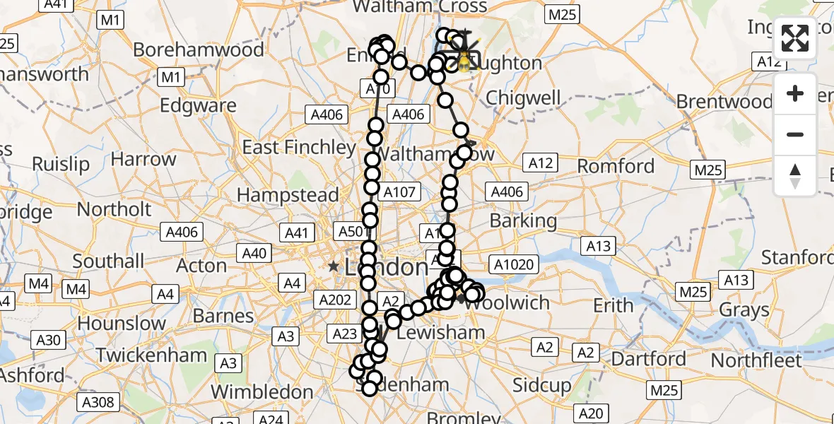 Flight route Police Helicopter Sewardstonebury - Metropolitan Police Air Support Unit Lippitts Hill, 07 May 2026, 13:55