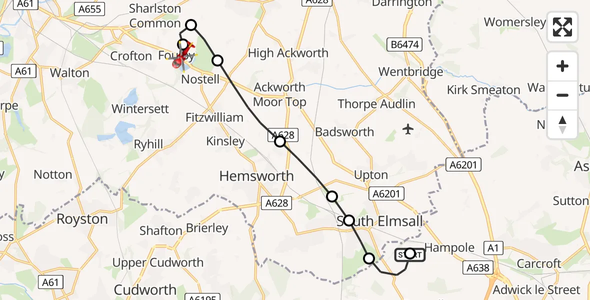 Flight route Air Ambulance Helicopter Hooton Pagnell - YAA Nostell Helicopter Port, 07 May 2026, 14:01